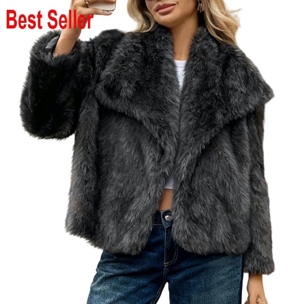 Faux Fur Coat Fluffy Shaggy Jacket Open Front Long Sleeve Winter Warm